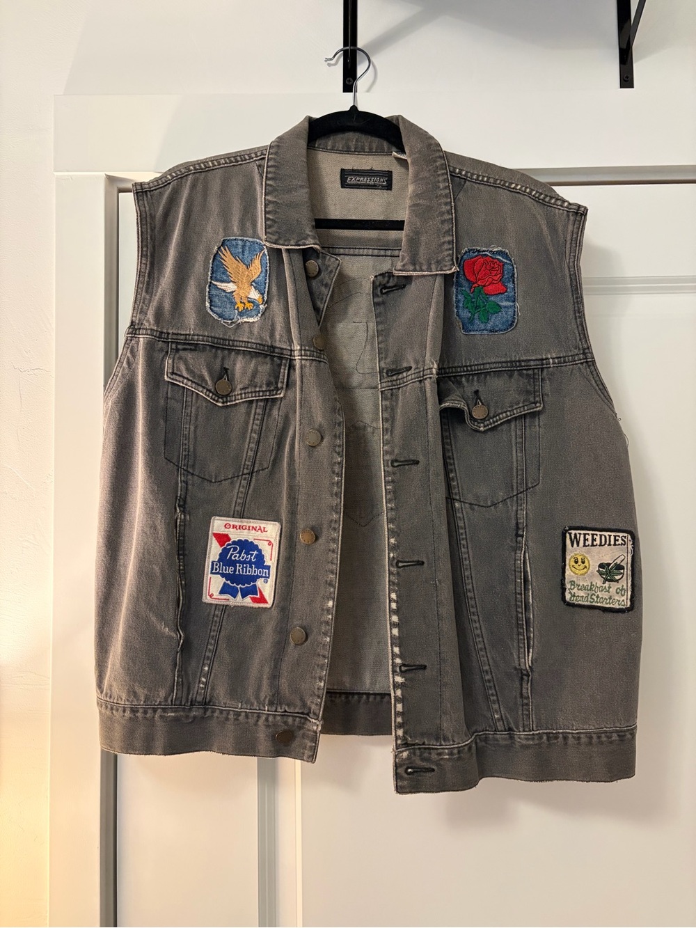 Expressions Gray Denim Patch Vest Vintage Harley Davidson